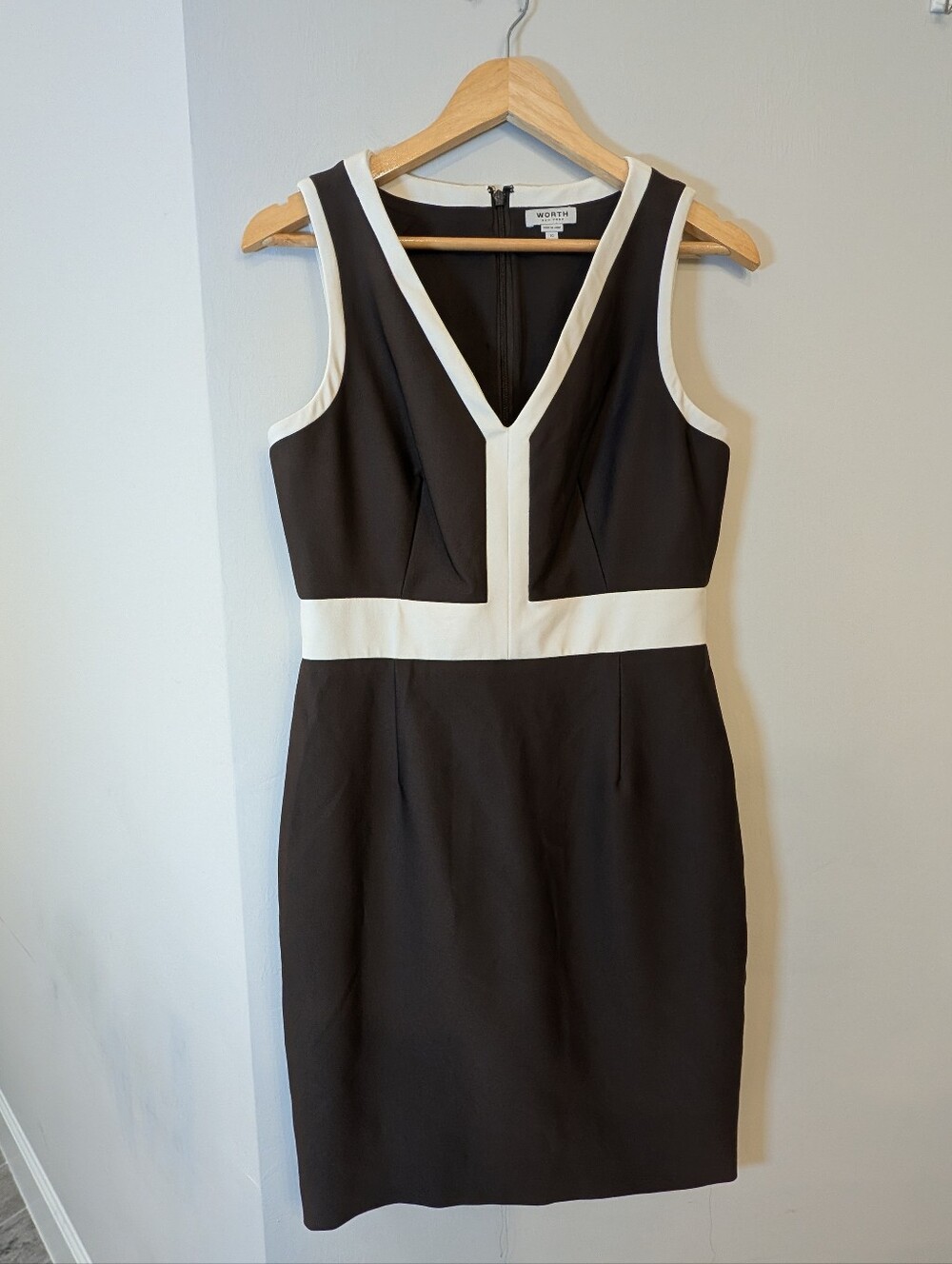 Worth Chocolate Brown Mini Sheath Dress with White Trim Women's Size 10